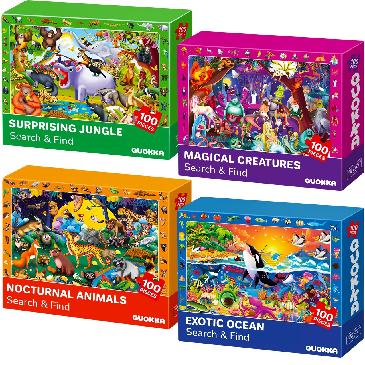 QUOKKA 100 Piece Puzzles for Kids Ages 4-6 - 4 Jigsaw Puzzles for Kids Ages 6-8 - Search and Find Observational Nocturnal Life for Childrens 5-8